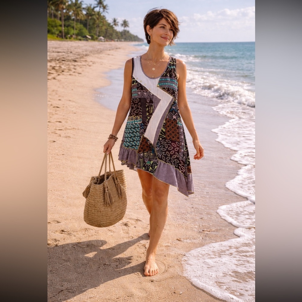 Bali Asymmetrical Patchwork Dress - Black, Brown, Cream Cotton Mesh fabric  M.